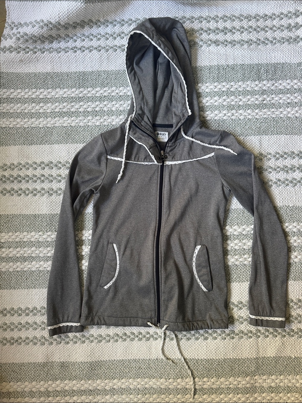 Roxy Gray Zip-Up Hoodie Jacket with White Trim
